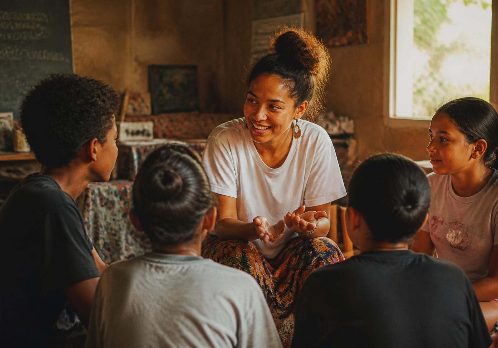 Educadora conversando com jovens em um espaço comunitário acolhedor